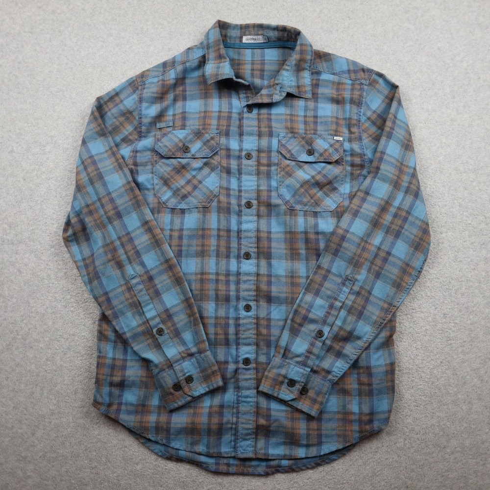 Gramicci Button Down Mens Small Blue Brown Plaid Wool Blend Long Sleeve Shirt